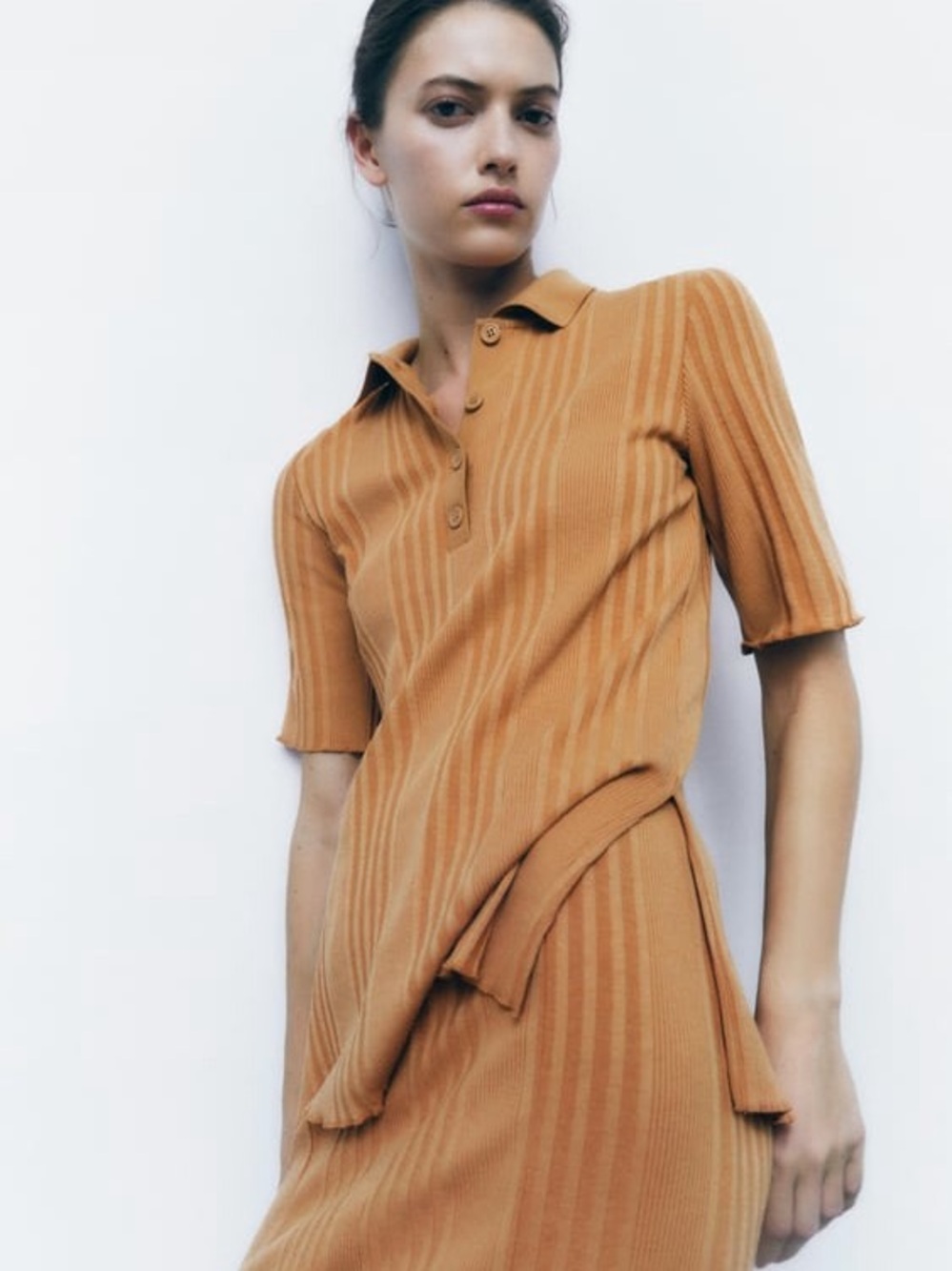 Zara Ribbed Collared Polo Knit Shirt in Mustard Size S